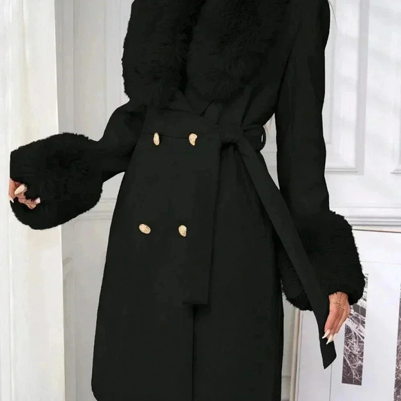 Black Elegant Women's Double-Breasted Belted Faux Fur Trimmed Wool Coat - Picture 5 of 7